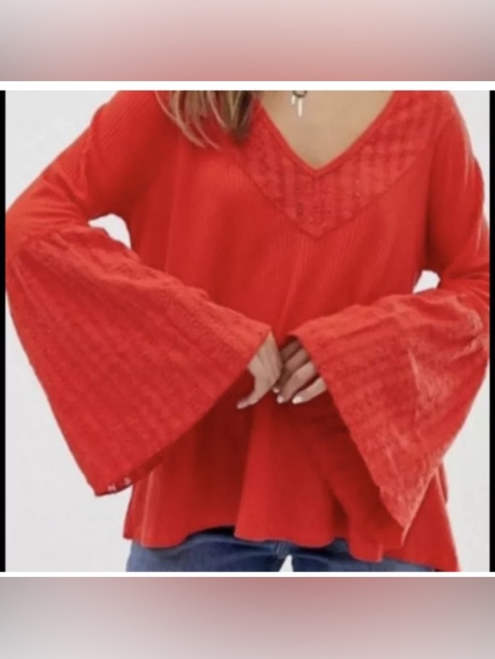 Free People - Parisian Nights Orange Red V Neck Lace Bell Long Sleeve Blouse Med